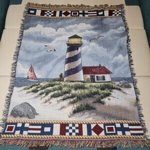 Vintage Lighthouse Woven Tapestry Fringe Sailboat Seagulls Throw Blanket 59X44